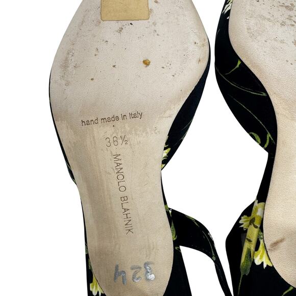 Manolo Blahnik Carolyne 50 Floral Slingback Pumps Black Yellow EU 36.5 - Picture 5 of 6